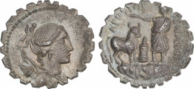 Republic
Denario. 81 a.C. POSTUMIA. A. Postumius A. f. Sp. n. Albinus. Anv.: Busto de Diana a derecha, encima cabeza de toro, detrás arco y carcaj. R...