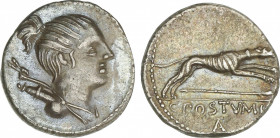 Republic
Denario. 74 a.C. POSTUMIA. C. Postumius At. (o Ta.). Anv.: Cabeza de Diana a derecha, con arco y carcaj. Rev.: Perro a derecha, debajo lanza...