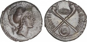 Republic
Denario. 48 a.C. POSTUMIA. D. Postumius Albinus Bruti f. Anv.: Cabeza de Marte a derecha. Rev.: Dos carnix cruzados entre escudos. ALBINVS B...