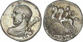 Republic
Denario. 112-111 a.C. QUINCTIA. Ti. Quinctius. Anv.: Busto de Hércules a izquierda, maza sobre su hombro. Rev.: Jinete con un segundo caball...