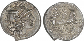 Republic
Denario. 138 a.C. RENIA. C. Renius. ESCASA. Anv.: Cabeza de Roma a derecha, detrás X. Rev.: Juno Caprotina en biga arrastrada por macho cabr...
