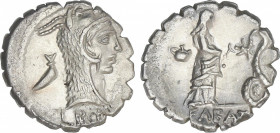 Republic
Denario. 64 a.C. ROSCIA. L. Roscius. Anv.: Cabeza de Juno Sospita tocado con piel de cabra a derecha, detrás saco. Debajo L. RO(SCI). Rev.: ...