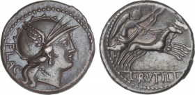 Republic
Denario. 77 a.C. RUTILIA. L. Rutilius Flaccus. ESCASA. Anv.: Cabeza de Roma a derecha, detrás FLAC. Rev.: Victoria en biga a derecha. En exe...