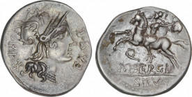 Republic
Denario. 116-115 a.C. SERGIA. M. Sergius Silus. Anv.: Cabeza de Roma a derecha, entre ROMA / * y EX S. C. Rev.: Jinete a izquierda, detrás c...