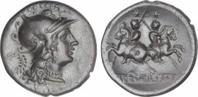 Republic
Denario. 136 a.C. SERVILIA. C. Serveilius M.f. Augur. Anv.: Cabeza de Roma a derecha, detrás corona / *, debajo ROMA. Rev.: Dioscuros galopa...
