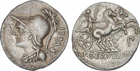Republic
Denario. 100 a.C. SERVILIA. P. Servilius M.f. Rullus. Anv.: Cabeza de Minerva a izquierda, detrás RVLLI. Rev.: Victoria en biga a derecha, d...