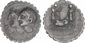 Republic
Denario. 106 a.C. SULPICIA. C. Sulpicius C.f. Anv.: Cabezas laureadas y yuxtapuestas de los dioses Penates a izquierda, delante D. P. P. Rev...