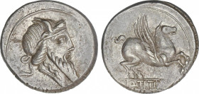 Republic
Denario. 90 a.C. TITIA. Q. Titius. Anv.: Cabeza del dios Mutinus Titinus a derecha. Rev.: Pegaso a derecha debajo Q. TITI en tablilla. 4,04 ...