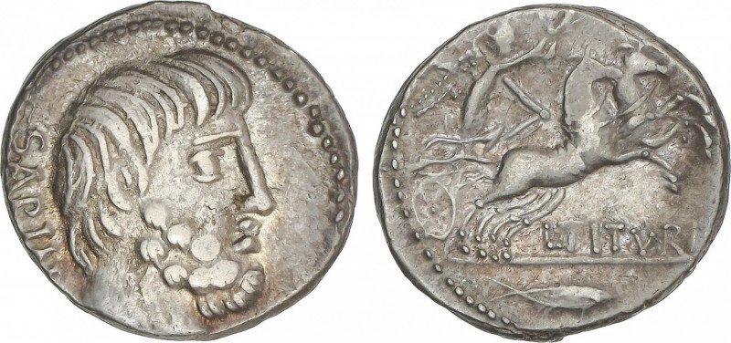 Republic
Denario. 89 a.C. TITURIA. L. Titurius L.f. Sabinus. Anv.: Cabeza del r...