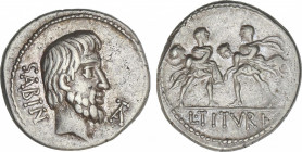 Republic
Denario. 89 a.C. TITURIA. L. Titurius L.f. Sabinus. ESCASA. Anv.: Cabeza del rey Tatius a derecha, barba y peinado distintos. SABIN y monogr...