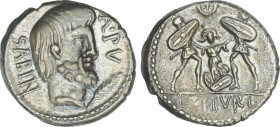 Republic
Denario. 89 a.C. TITURIA. L. Titurius L.f. Sabinus. Anv.: Cabeza del rey Tatius a derecha, delante palma y A. PV., detrás SABIN. Rev.: Tarpe...