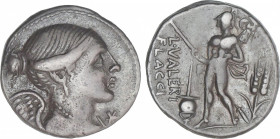 Republic
Denario. 108-107 a.C. VALERIA. L. Valerius Flaccus. Anv.: Busto de la Victoria a derecha, delante *. Rev.: Marte de pie con trofeo entre gor...