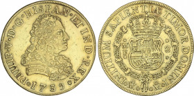 Philip V
8 Escudos. 1739. MÉXICO. M.F. RARA. 26,88 grs. (Pequeños golpecitos). AC-2240; XC-435. MBC+.