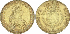 Ferdinand VI
8 Escudos. 1759. LIMA. J.M. RARA. 26,78 grs. Acuñación algo floja en parte. (Descolgada). AC-775; XC-590. MBC.