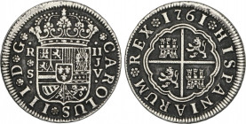 Charles III
2 Reales. 1761. SEVILLA. J.V. 5,69 grs. Pátina negra irregular. AC-771. MBC+.