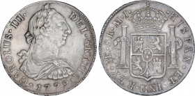 Charles III
8 Reales. 1779. LIMA. M.J. 26,93 grs. (Acuñación parcialmente floja). Patina. AC-1045. (EBC-).