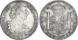Charles III
8 Reales. 1779. POTOSÍ. P.R. 26,6 grs. (Rayitas en anverso, S de CAROLUS burilada y leves oxidaciones limpiadas). AC-1176. MBC+.