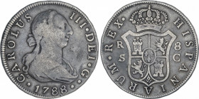 Charles III
8 Reales. 1788. SEVILLA. C. 26,16 grs. Pátina oscura. AC-1239. MBC-.