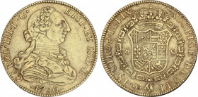 Charles III
8 Escudos. 1780. MÉXICO. F.F. ESCASA. 26,92 grs. Ceca y ensayadores invertidos. (Pequeños golpecitos, probablemente descolgada). AC-2009;...