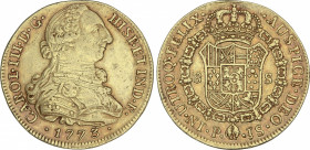 Charles III
8 Escudos. 1773. POPAYÁN. J.S. 27,01 grs. (Pequeños golpecitos, probablemente descolgada). AC-2039; XC-800. MBC.