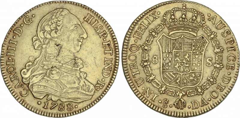 Charles III
8 Escudos. 1788. SANTIAGO. D.A. 26,96 grs. (Hojas en anverso). AC-2...