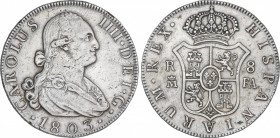 Charles IV
8 Reales. 1803. MADRID. F.A. 26,73 grs. (Plata ligeramente mal batida en el busto). AC-941. MBC+.