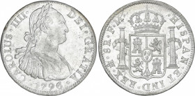 Charles IV
8 Reales. 1796. MÉXICO. F.M. 26,92 grs. Restos de brillo original. (Rayitas en anverso). AC-959. EBC-/EBC.