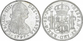 Charles IV
8 Reales. 1797. MÉXICO. F.M. 26,77 grs. Brillo original. (Pequeño golpecito en canto a las 12 h). AC-960. EBC.