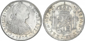 Charles IV
8 Reales. 1803. MÉXICO. F.T. 26,86 grs. Restos de brillo original. Leves oxidaciones limpiadas. AC-977. EBC.