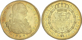 Charles IV
8 Escudos. 1793. POPAYÁN. J.F. 26,99 grs. Restos de brillo original. AC-1664; XC-1054. EBC.