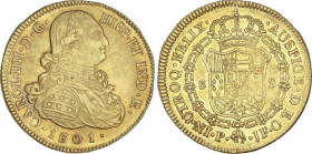 Charles IV
8 Escudos. 1801. POPAYÁN. J.F. 26,95 grs. Restos de brillo original. AC-1674; XC-1064. MBC+/EBC-.