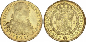 Charles IV
8 Escudos. 1804. POPAYÁN. J.F. 26,88 grs. (Rayita en reverso a las 12h). Brillo original. AC-1679; XC-1067. EBC-/EBC.