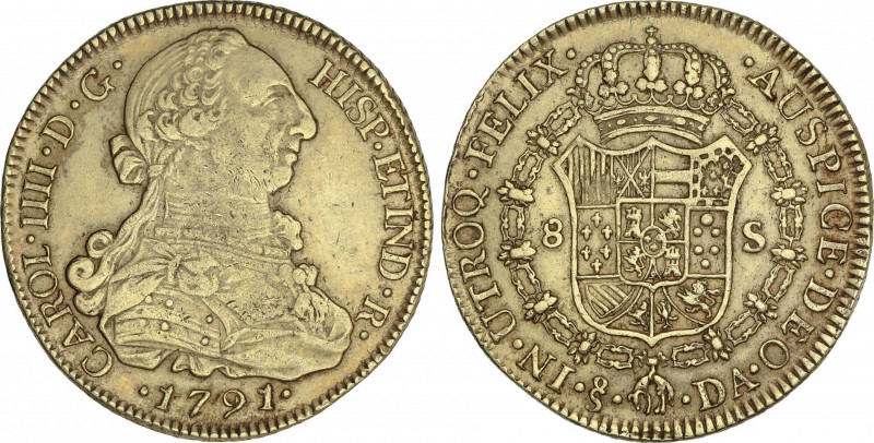 Charles IV
8 Escudos. 1791. SANTIAGO. D.A. 27 grs. (Pequeños golpecitos). AC-17...