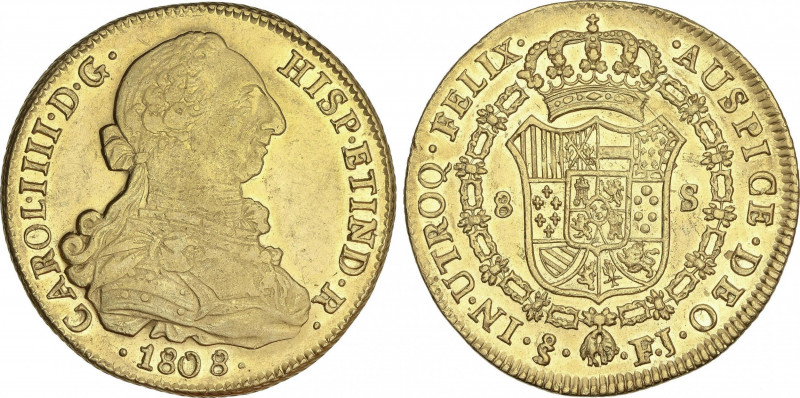 Charles IV
8 Escudos. 1808. SANTIAGO. F.J. BELLA. ESCASA ASÍ. 27 grs. Brillo or...