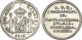 Charles IV
Medalla Proclamación. 1790. PUEBLA DE LOS ÁNGELES. 3,28 grs. AR. Módulo 1 Real. Ø 21 mm. He-192. MBC+.