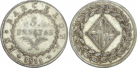 Napoleonic Occupation of Catalonia
5 Pesetas. 1811. BARCELONA. 26,7 grs. 25 rosetas. Ligera pátina dorada. AC-47. MBC.