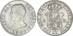 Joseph Napoleon
4 Reales. 1810. MADRID. A.I. 6,04 grs. Módulo 2 reales. (Algo limpiada). AC-14. EBC-.