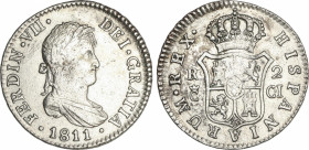 Ferdinand VII
2 Reales. 1811. CADIZ. C.J. 5,69 grs. AR. (Leves oxidaciones). AC-726. MBC+.