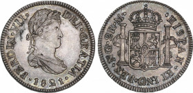 Ferdinand VII
2 Reales. 1821. GUATEMALA. M. 6,62 grs. (Leves hojitas, rayitas de ajuste y de limpieza en anverso). Preciosa pátina oscura e irisada d...