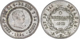 Ferdinand VII
10 Reales. 1821. MADRID. S.R. RARA ASÍ. 13,45 grs. Módulo 4 Reales. Resellado. Brillo original. AC-1088. EBC.