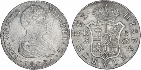 Ferdinand VII
8 Reales. 1808. SEVILLA. C.N. 26,60 grs. Busto desnudo. (Limpiada). AC-1411. MBC+/EBC-.