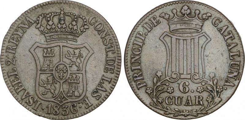 Elisabeth II
6 Cuartos. 1836. BARCELONA. 15,41 grs. AC-15. EBC-.