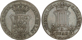Elisabeth II
6 Cuartos. 1836. BARCELONA. 15,41 grs. AC-15. EBC-.