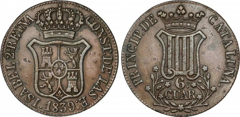 Elisabeth II
6 Cuartos. 1839. BARCELONA. 14,01 grs. (Acuñación floja en parte)....