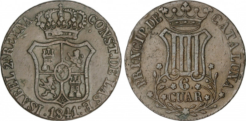 Elisabeth II
6 Cuartos. 1841. BARCELONA. 13,66 grs. AC-22. MBC.