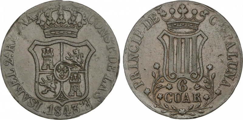 Elisabeth II
6 Cuartos. 1843. BARCELONA. 13,69 grs. (Golpecito en anverso). Pát...