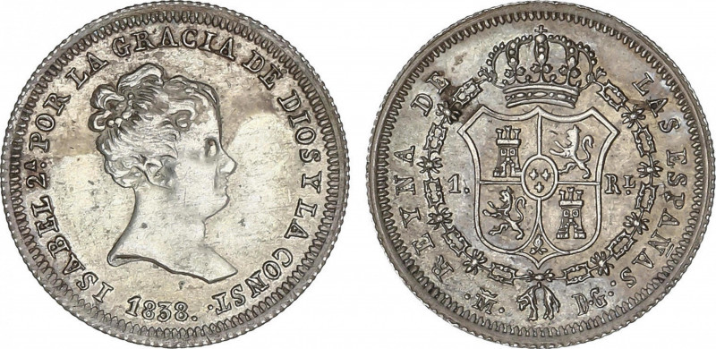 Elisabeth II
1 Real. 1838. MADRID. D.G. RARA. 1,43 grs. Departamento de Grabado...