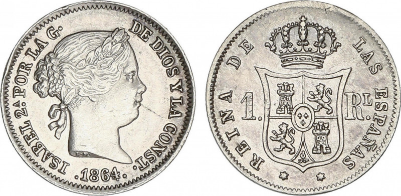 Elisabeth II
1 Real. 1864/4. MADRID. 1,29 grs. Restos de brillo original. AC-31...