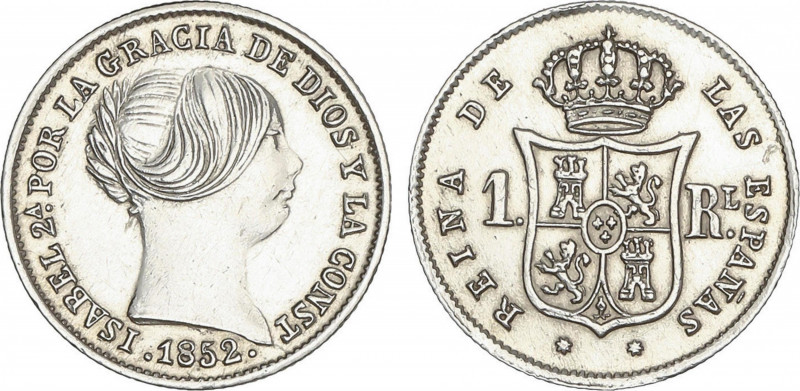 Elisabeth II
1 Real. 1852. SEVILLA. 1,25 grs. (Limpiada). AC-321. EBC.
