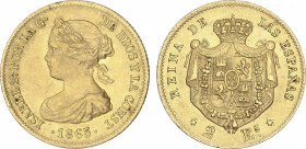 Elisabeth II
2 Escudos. 1865. MADRID. 1,67 grs. (Leves rayitas en anverso). AC-675. MBC+.